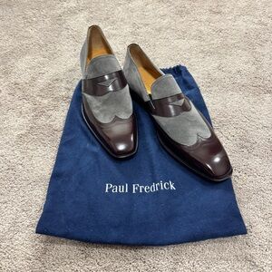 New Paul Fredrick Gray Suede and Brown Leather Penny Loafers